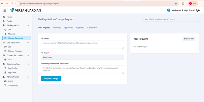 File Reputation Change Requests page in Versa Guardian